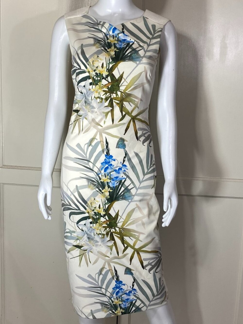 TED BAKER Loua Twilight Floral Sheath Midi Dress Ivory Blue Green Sz 6 US ($295)